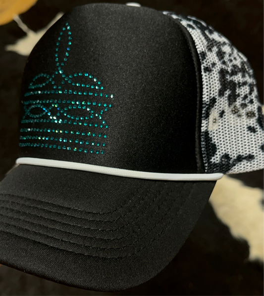 Rhinestone Boot Stitch Cow Print Trucker Hat