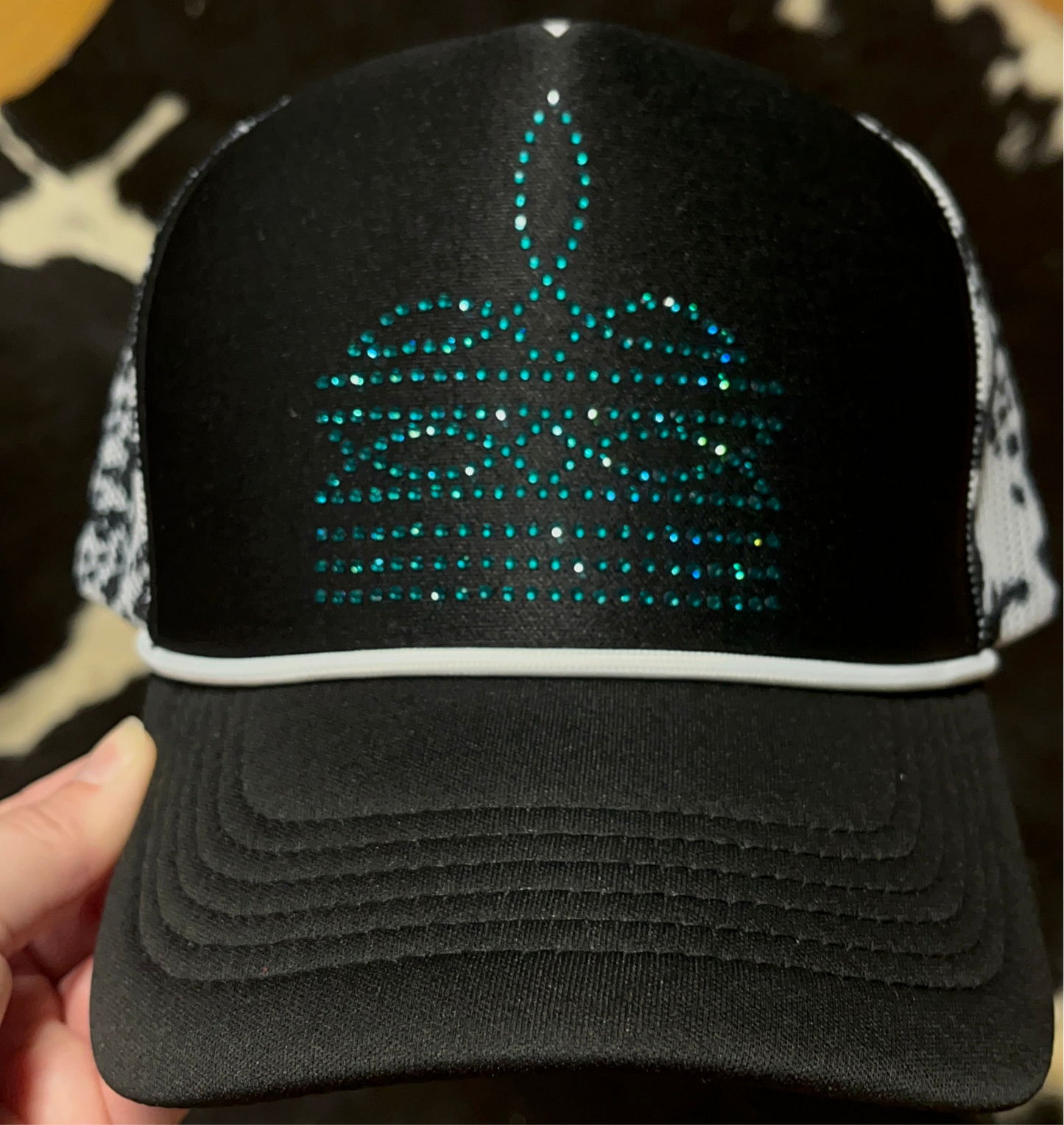 Rhinestone Boot Stitch Cow Print Trucker Hat